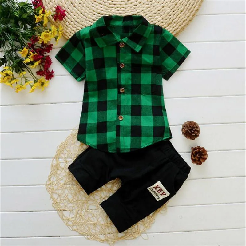 Комплекты для маленьких мальчиков летняя Клетчатая футболка для мальчиков Топ+ короткие штаны комплект одежды из 2 предметов, Vetement Enfant Garcon roupa infantil