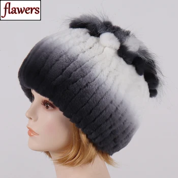 

2019 Russia Women Knitted Real Genuine Rex Rabbit Fur Hat Winter Rex Rabbit Fur Cap Striped Head Top Flower Fox Fur Beanies Caps