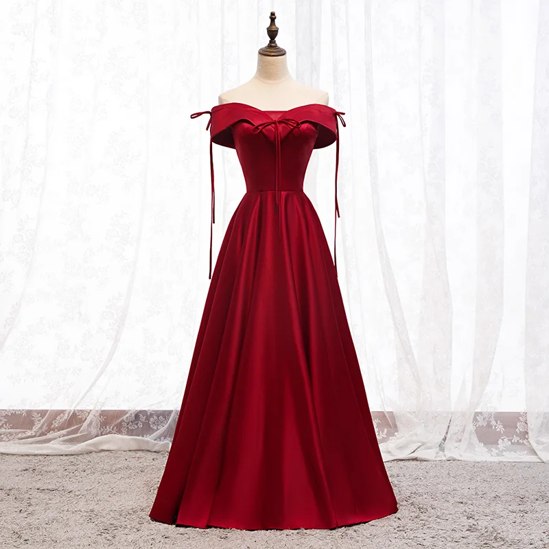 SSYFashion, вырез лодочкой, с плеча, со шнуровкой сзади, длина до пола, атласное вино, длинное вечернее официальное платье платья Бальные - Цвет: wine