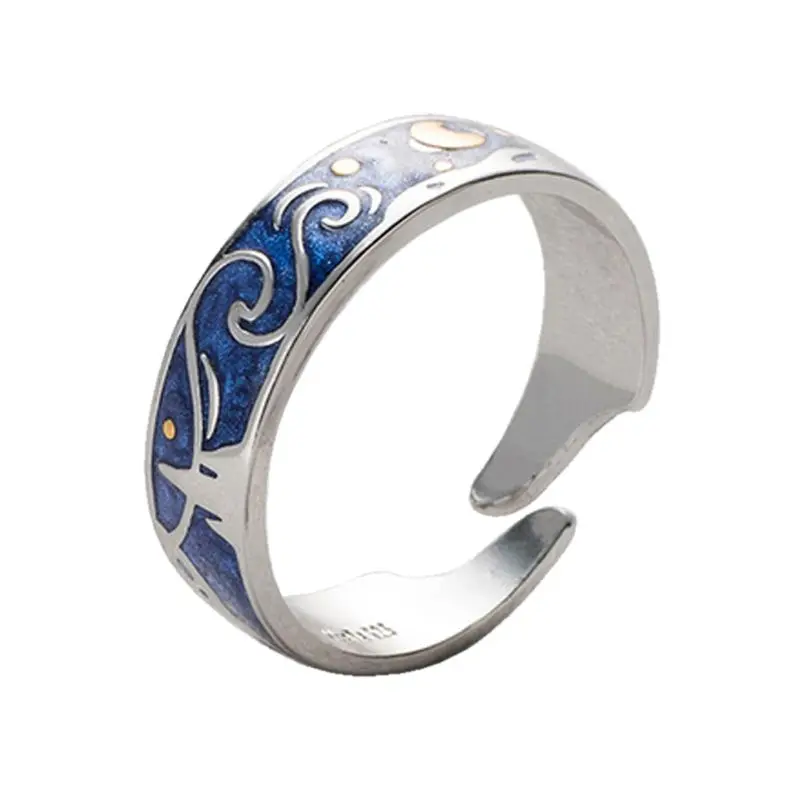 S925 Серебряное покрытие Ван Гог звездное небо открытый любовник кольца группа романтические ювелирные изделия - Main Stone Color: Women Ring