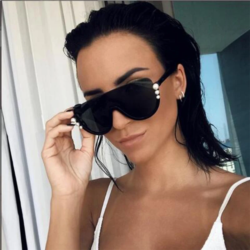 

Black Shield Pearl Sunglasses Fashion Brand Designer Pink Mirrored Semi Rimless Sun Glasses For Women Flat Top Vintage Oculos