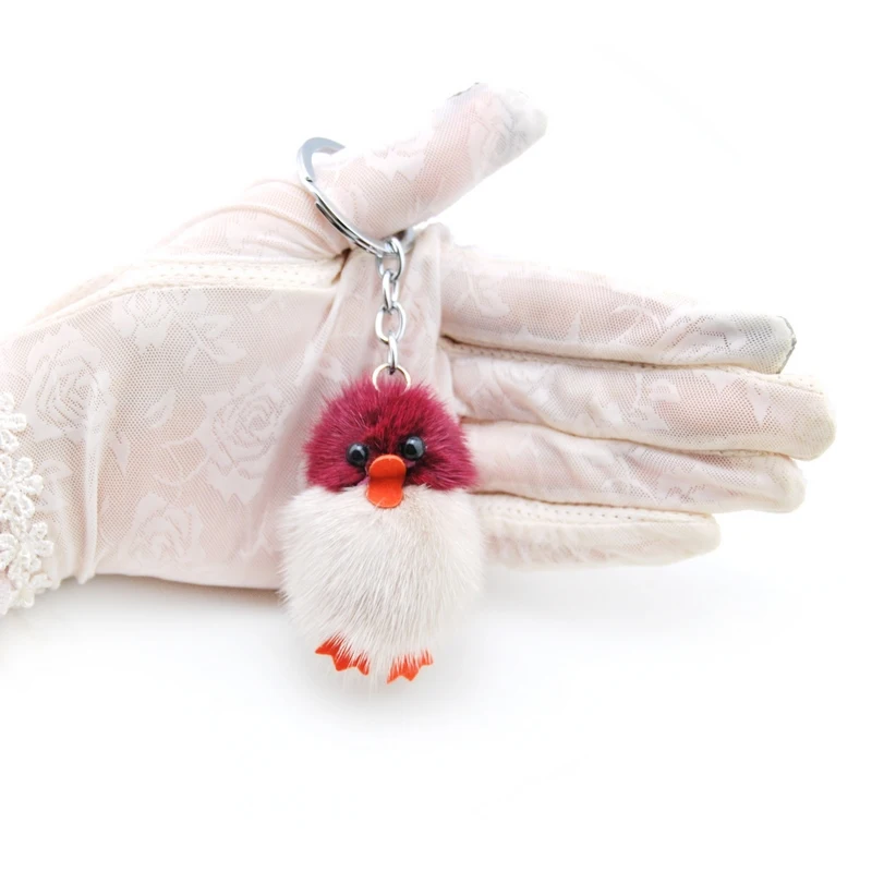 Cute Genuine Mink Fur Pompom Duck Keychain Women Fluffy Pompon Chick Key chain Holder Pom Pom Toy Doll Keyring Bag Charm Trinket