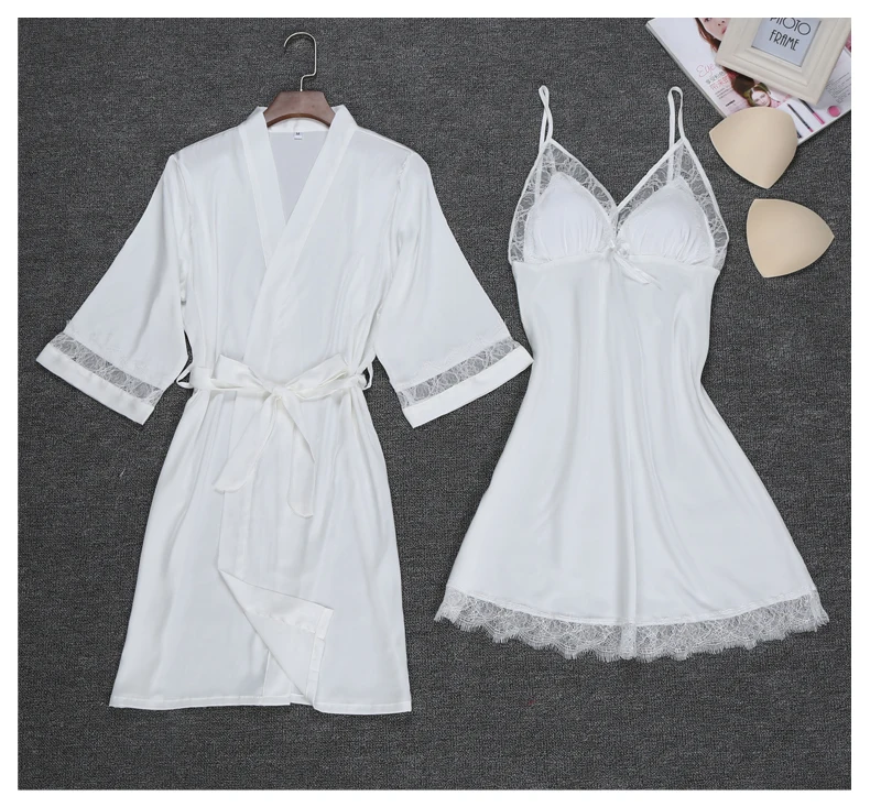 Ladies Sexy Silk Satin Robe Gown Set Lace Bathrobe Set 2 Pieces Solid ...