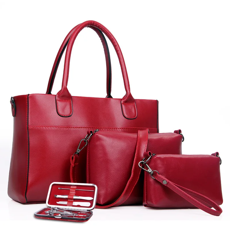 Модный комплект из 4 предметов, женские сумки-мессенджеры+ сумки+ сумка на плечо, кошелек, кошельки, брендовые, однотонные, красные, из искусственной кожи, рождественские подарки