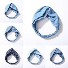 

Fashion Top Knotted Headbands Star Striped Twisted Turban Hole Blue Denim Women Hair Accessories for Girls Elastic Hair Bands