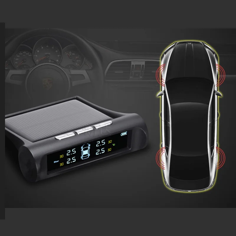 TPMS Solar Wireless Car Tire Pressure Indicator 4 External Sensor Energy Display LCD Screen Car Alarm System 1 (7) - 