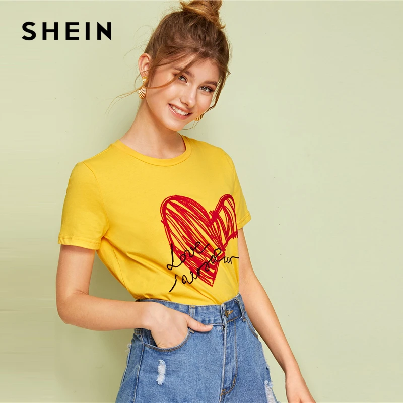 SHEIN женская простая футболка с круглым вырезом и графическим принтом Летняя Повседневная Минималистичная женская футболка с коротким рукавом и надписью Топы