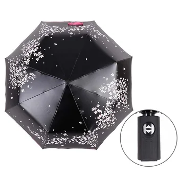

Automatic 3 Fold Floral Umbrella Rain Women Black Coating Anti-Uv Print Cherry Blossom Umbrella Rain Tools Sun Semsiye 50ys020