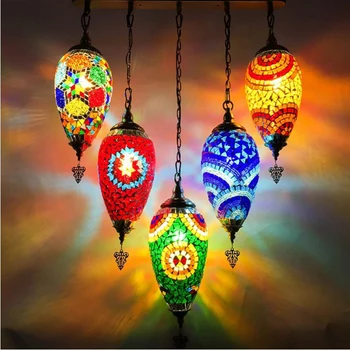 

WOERFU Turkish Pendant Lights Handmade Stained Glass Lighting E14 Retro Oval Pendant Light