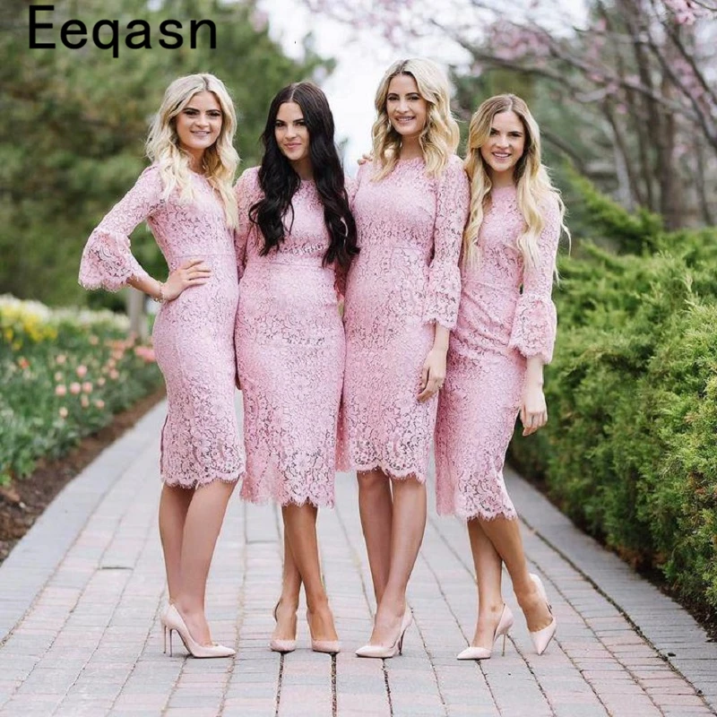 

Pink Bridesmaid Dresses 2018 Lace Mermaid 3/4 Sleeves Robe Demoiselle D'honneur Maid of Honor Dresses For Wedding Party