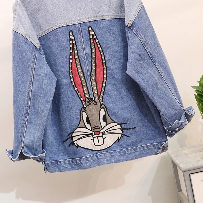 Femmes Denim 2018 Automne Manteau Dessinée Chaussures Veste Lâche Bleu Trou Occasionnels Femelle Printemps Bande De Nouveau Diamant Cowboy Jeans Lapin Outwear tqqCB7xpw