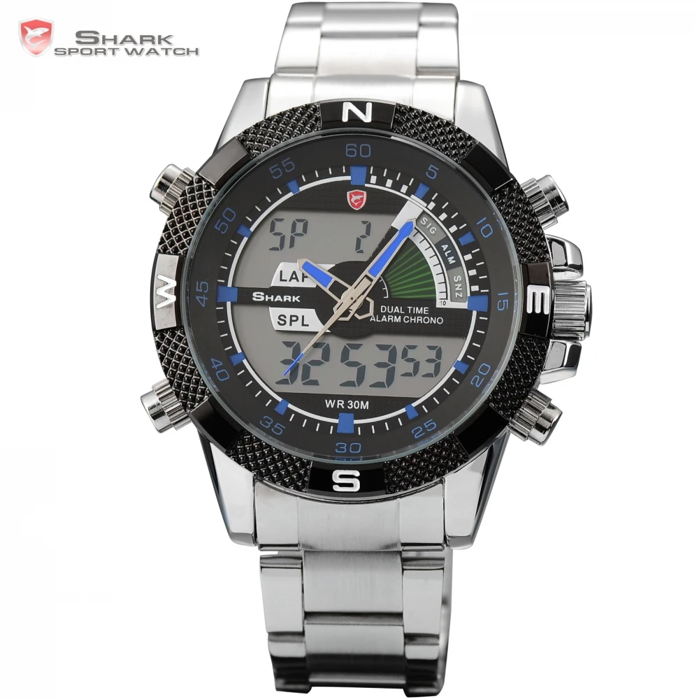 SHARK Sport Watch Men Dual Time Date Alarm Stopwatch Stainless Steel Band Blue Male Digital