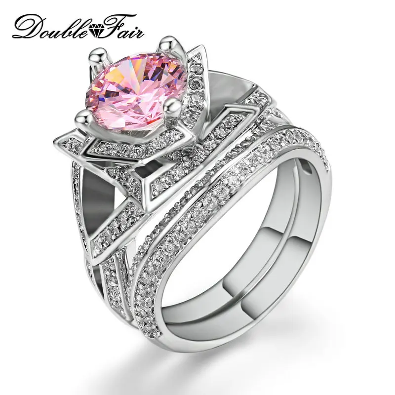 Double Fair Brand Cubic Zirconia Pink Stone Rings Sets Silver Color Fashion Wedding Crystal Ring Sets Women Jewelry DFR698