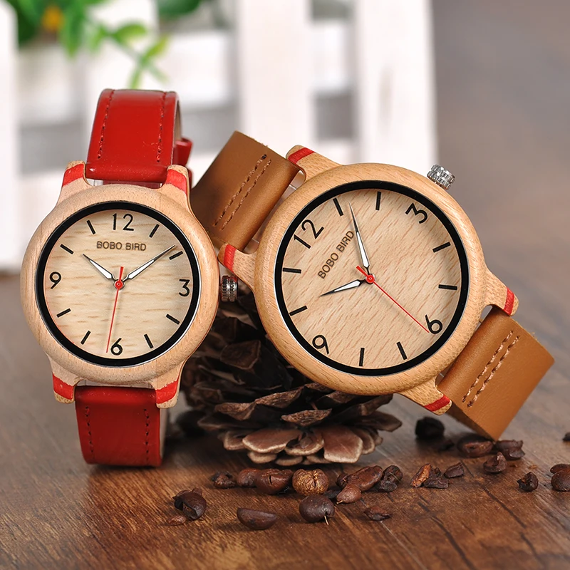 BOBO BIRD Leather Band Watches Bamboo Quartz Wristwatches Timepieces for Men and Women in Gift Box K-aQ22