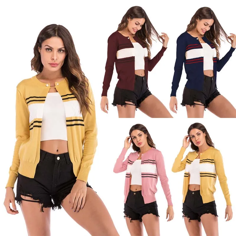 

Spring Pink Striped Tops Cardigan Women Red Open Stitch Knitted Single Button Slim Fit Casual Long Sleeve Autumn Sweater Ladies