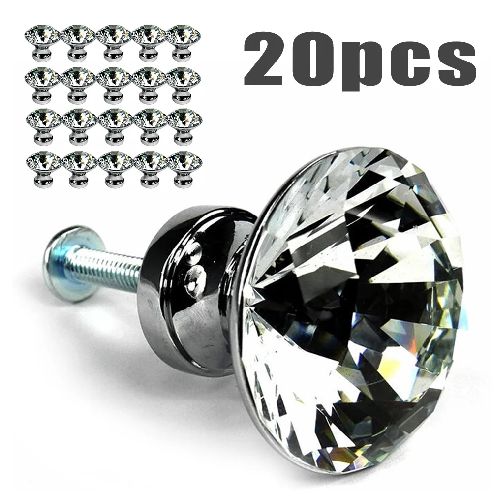 

20pcs Crystal Single Hole Drill Wardrobe Cabinets Drawer Handle 30mm Drawer Pull European Style Transparent Cut Part