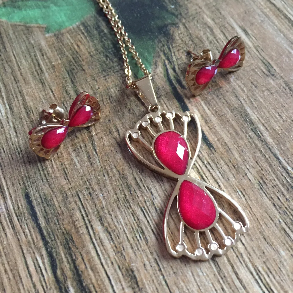 Trendy Statement Red Stone Butterfly Long Necklace Women New Gold Color Jewelry Bow tie Pendant 