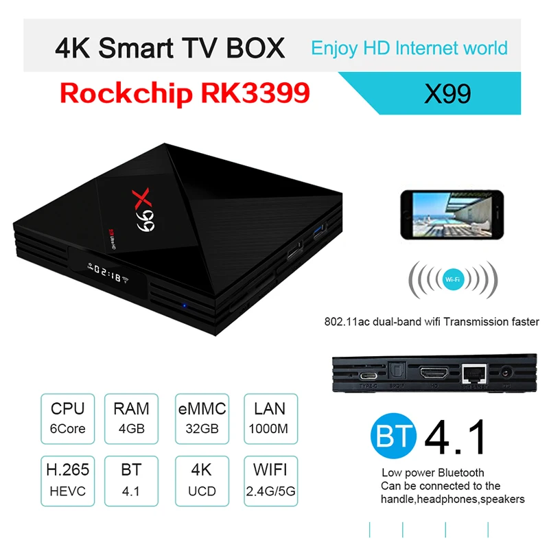 2018 новые RK3399 X99 4 GB/32 GB Smart Android 7,1 поддержка ТВ-коробок 2,4 г/5G Wi-Fi H.265 4 K BT4.1 USB 3,1 Тип-C/smartMedia плеер