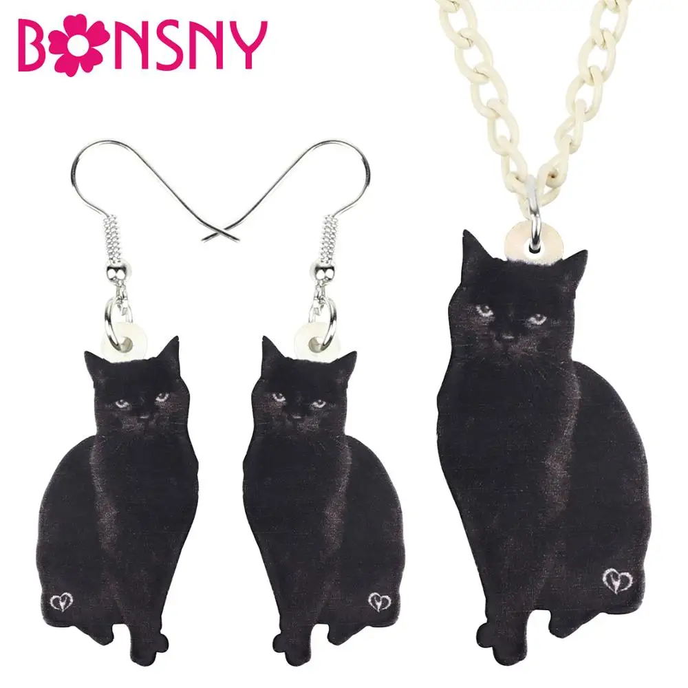 

Bonsny Acrylic Jewelry Set Unique Fashion Black Cat Necklace Earrings Funny Cool Pendant For Women Girls Charms Gift NE+EA