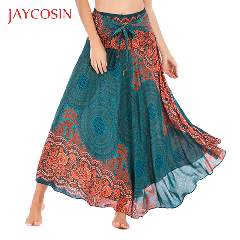 

JAYCOSIN Long Hippie Women Halter Skirt Bohemian Gypsy Boho Flowers Elastic Waist New Arrival 2019 Floral Beach Fitted