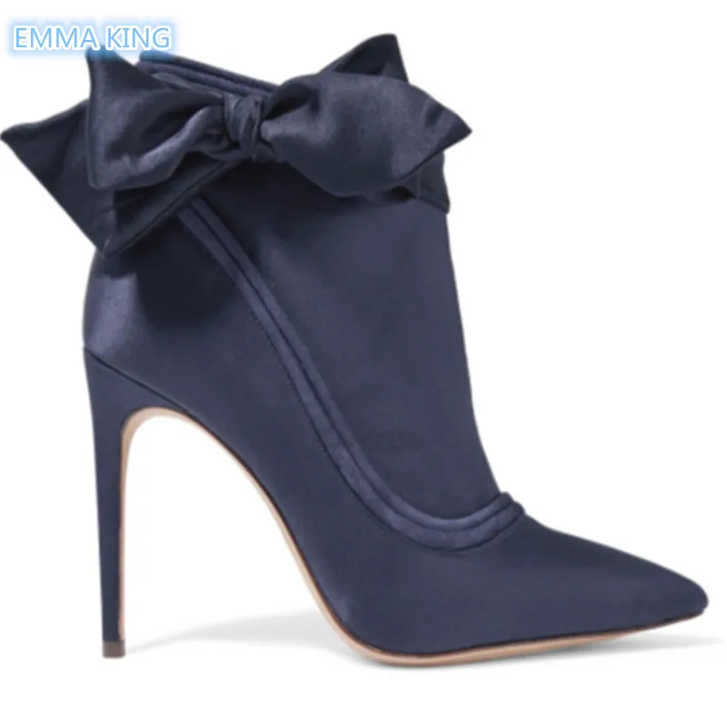 

Silk High Heels Ankle Boots Women Butterfly Knot Design Stiletto Heels Shoes Pointed Toe Side Zipper Fashion Ladies Botas Mujer