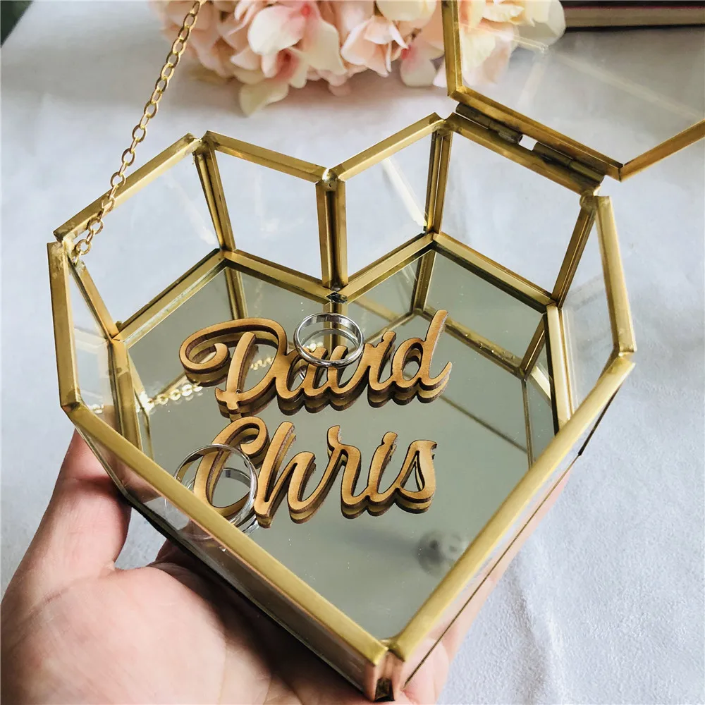 Персонализированная стеклянная шкатулка в форме сердца, Заказная стеклянная коробка для свадебного кольца, деревянная коробка с именем, подарок на свадьбу, день рождения, товары