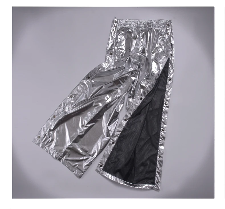 Женские блестящие Серебристые брюки в стиле хип-хоп с разрезом по бокам для сцены, большие размеры 8XL, Сексуальные Металлические боковые брюки с пуговицами X9100
