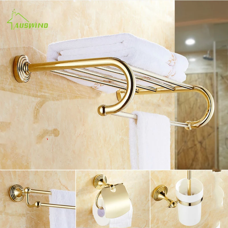 

European Golden Brass Polished Bathroom Hardware Set Circular Base Bathroom Accessory Hanging Suit Antique Bathroom Product