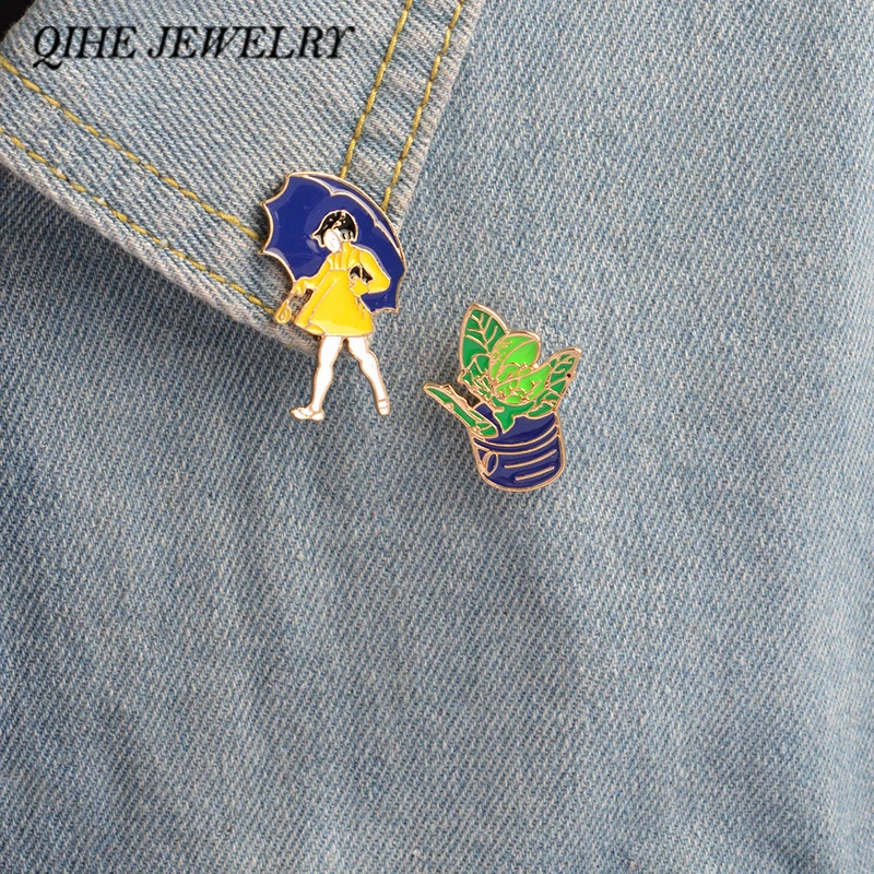 

2pcs/set Hard enamel pins Little girl with umbrella & potted plant cute jewelry for girls child women Pins and brooches