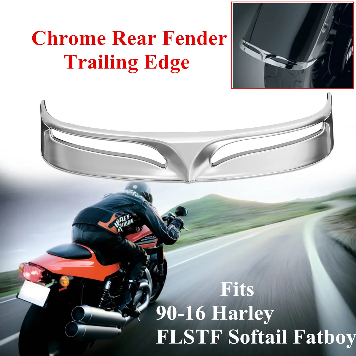 

Chrome Motorcycle Rear Trailing Edge Fender Flares Mud Flaps Trim Tip for Harley FLSTF Softail Fatboy 2007 2008 2009-2017