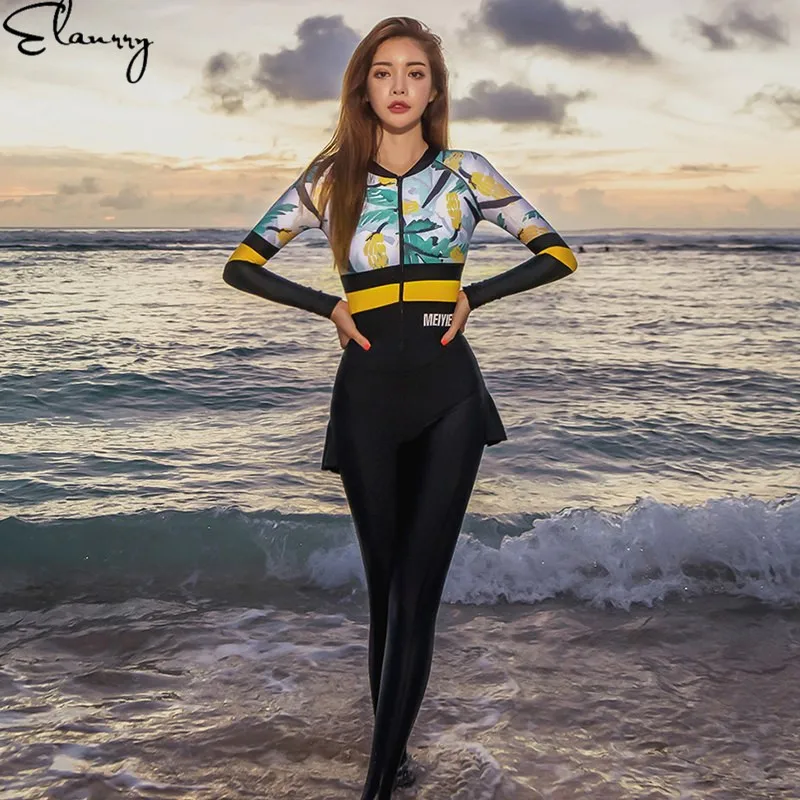 2018 مثير النساء مايوهات قطعة واحدة ملابس السباحة طويلة الأكمام ملابس السباحة ركوب الأمواج وبحر طفح الحرس الإناث بذلة السباحة تنورة