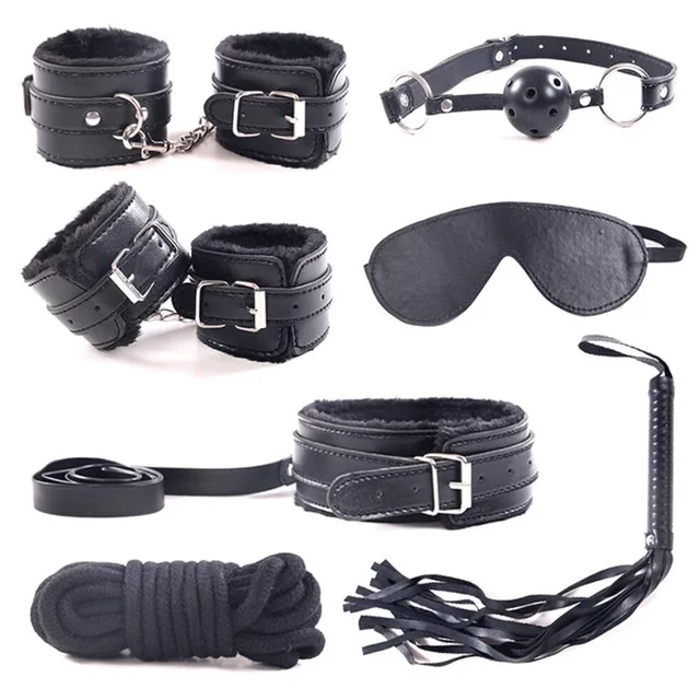 7 pcs Black Fetish Sexy Lingerie PU Leather Sex Bondage Set Toy BDSM Handcuffs Collar Mask Erotic Accessories for Couple QQTZ01