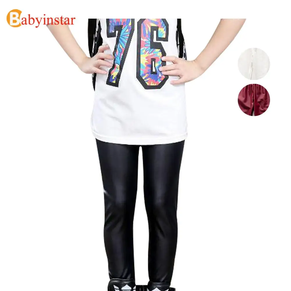 3 14Y Skinny Black Solid Kid Faux Leather Pants Elastic Autumn Girls