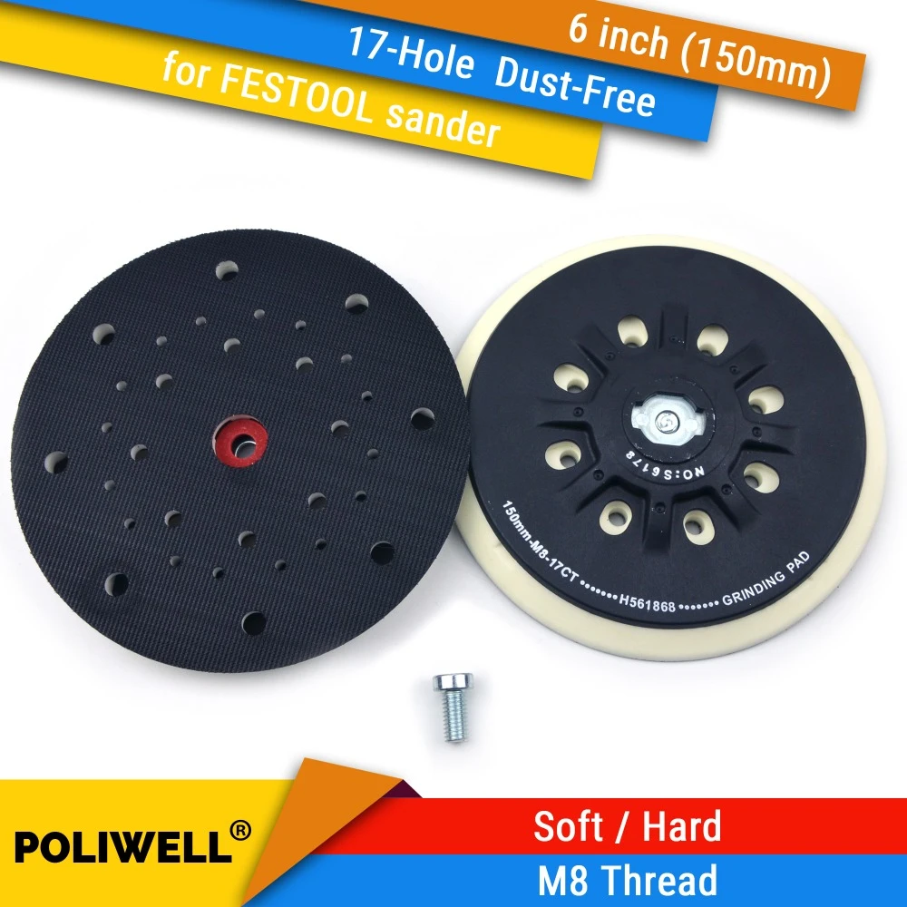 6 Inch(150mm) 17 Hole Dust free M8 Thread Back up Sanding Pad for 6" Hook&Loop Sanding Discs