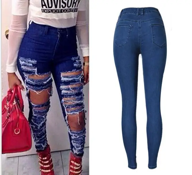 Женские сексуальные рваные джинсовые брюки с высокой талией темно-синие узкие джинсовые брюки