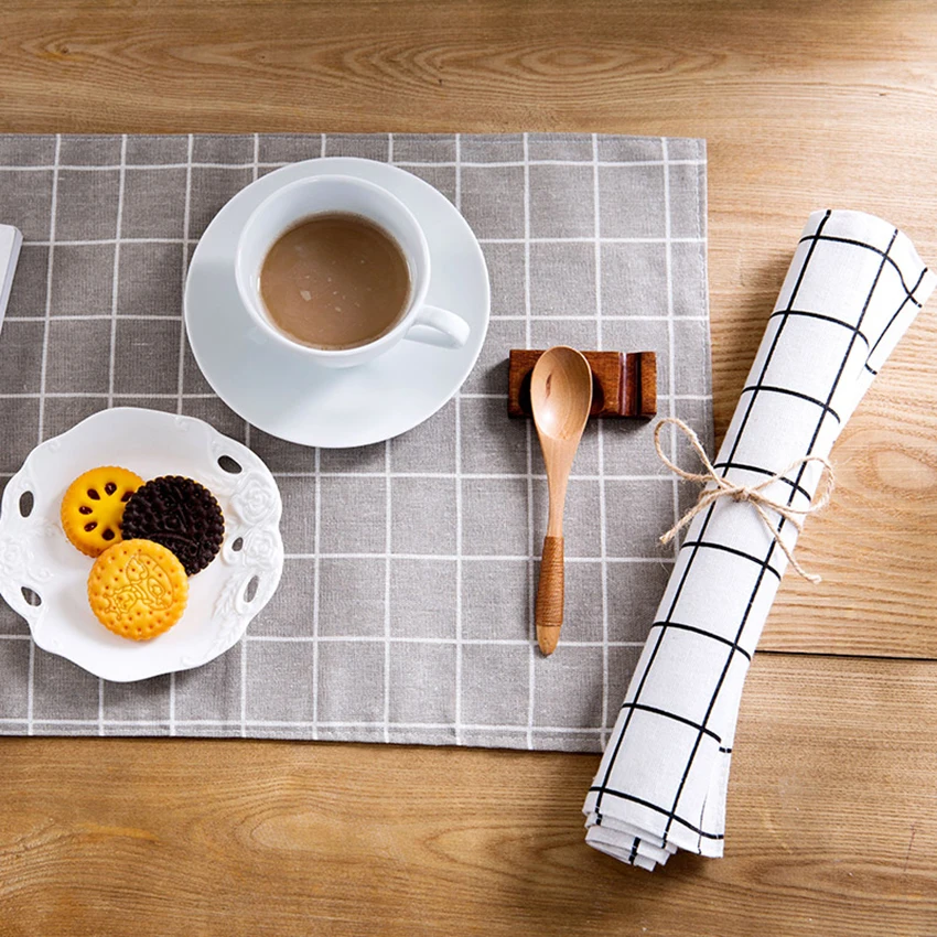 Plaid Cotton&ampLinen Placemat Japanese Style Rectangle Table Mat Placemats for Dining Heat-resistant White Black Gray | Дом и сад