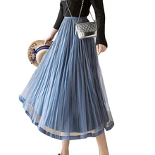 Весенняя новая Корейская сетчатая Складная юбка, модные женские золотые бархатные длинные юбки, большие юбки-свинг, Женские повседневные юбки, F360