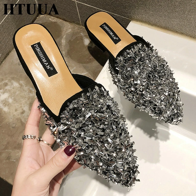 

HTUUA 2019 New Spring Summer Women Slippers Shiny Crystal Sexy Pointed Toe Mules Shoes Female Slides Square Heel Sandals SX2197