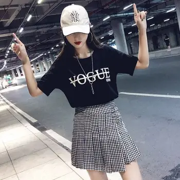 

Printed Letter Black Short Sleeve Tops Women High Waist Mini Skirts Two Piece Set Fashion Preppy Style Top And Black Skirt Sets