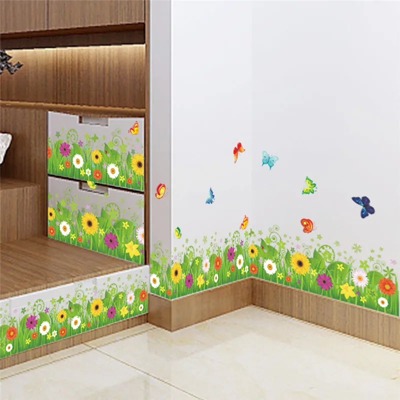 Image spring colorful flower grass butterfly Clover Skirting Line Flora diy home decal wall sticker Furniture kitchen wedding mural