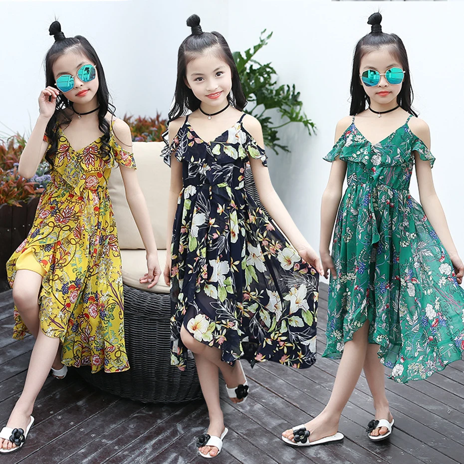 

New Flower Print Beach Chiffon Dress for Kids Girls Bohemian Dress Children Clothes Big Girls Vestidos Girls Dresses Summer