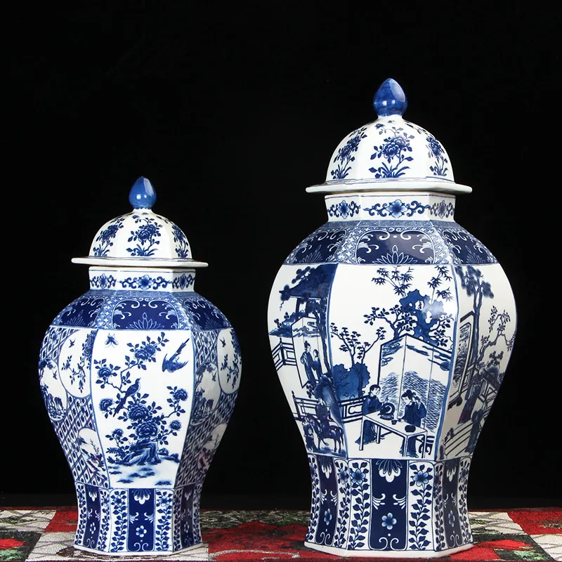Jingdezhen temple jar porcelain ceramic decoration jar Chinese Antique ginger jar vase hexagon type blue and white (8)