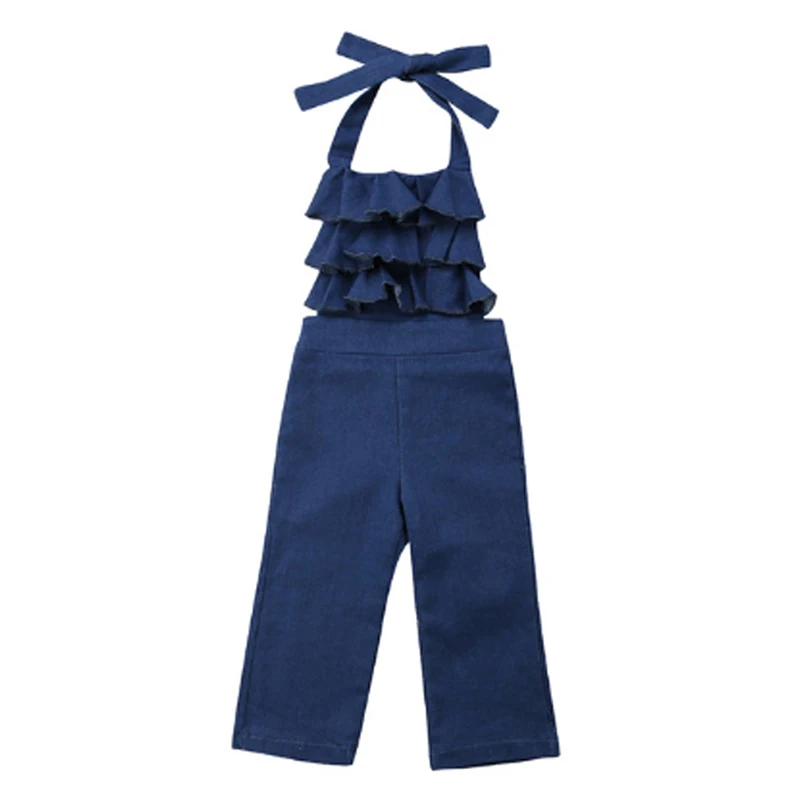 Melario New Summer Kids Girl Halter Denim Blue Bib Pants Romper Ruffles Backless Sleeveless Jumpsuit Playsuit Casual Outfit - Цвет: AY524 blue