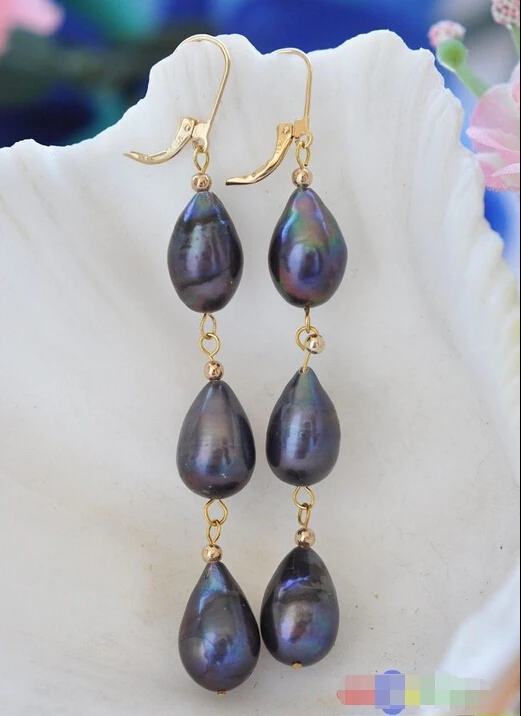 

Free shipping@@@@@ 3line 16MM BLACK DRIP FRESHWATER PEARL DANGLE EARRING 6.10