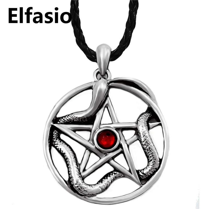 

Mens Boys Gothic Serpent Snake Pentacle Pentagram Star Red CZ Pewter Pendant Necklace Fashion Jewelry LP307