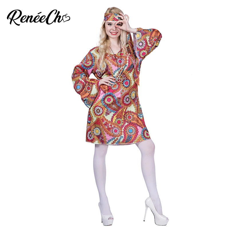 

2019 New Halloween Costume For Women Feelin Groovy Disco Dress Costume Adult Peace and Love Hippie Costume Party Cosplay