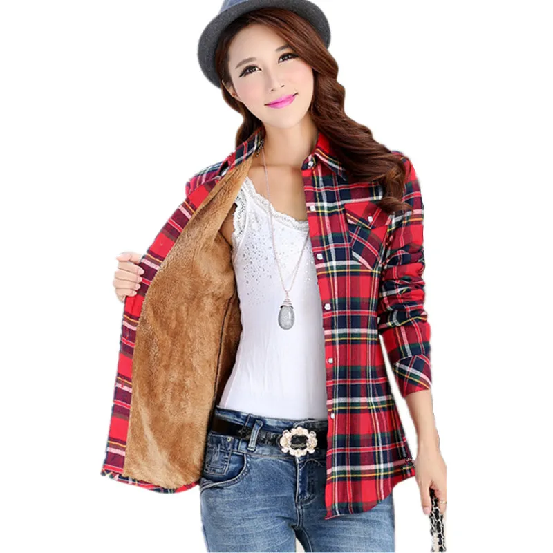 

Women new winter fashion casual warm wool shirts blouse Women's long sleeve slim plus velvet plaid shirt female shirt S2764