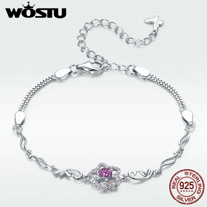 

WOSTU 2019 New 100% 925 Sterling Silver Five Petal Pink Peach Blossom Chain & Link Bracelets Luxury Genuine Jewelry Gift DAB005
