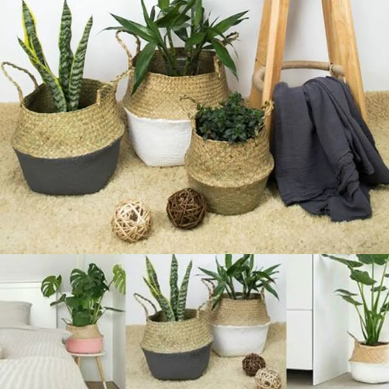 Handmade Bamboo Storage Baskets Foldable Laundry Straw Patchwork Wicker Rattan Seagrass Belly Garden Flower Pot Planter Basket