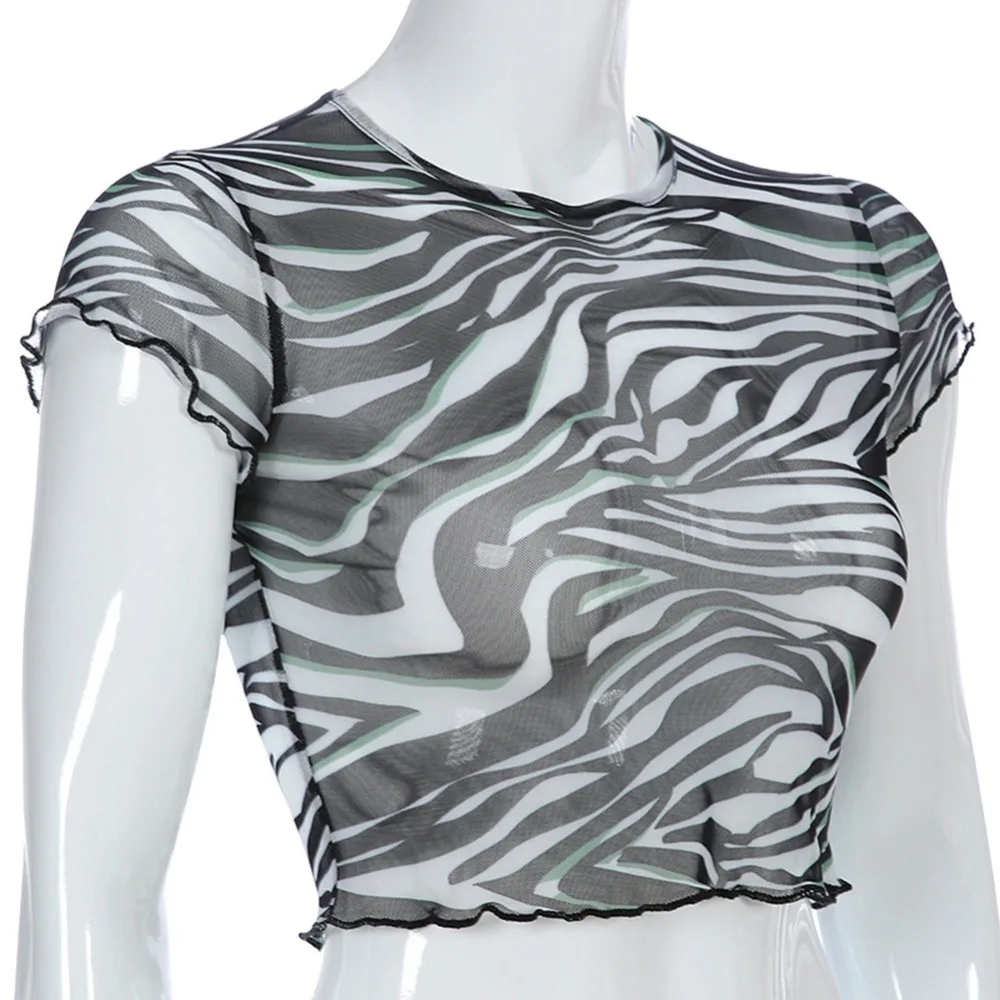Сексуальная летняя футболка с принтом зебры, прозрачный сетчатый укороченный топ, женская уличная футболка, черная Повседневная футболка с коротким рукавом, новое поступление